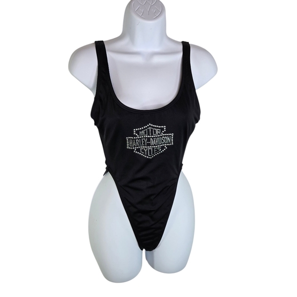Vtg 90 Harley Davidson Black Studded High Cut One Piece Swimsuit - Picture 1 of 8